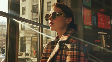 Poster - A fashionable woman with sunglasses and a plaid coat is bathed in morning light as she gazes out of a window, exuding an air of elegance and contemplation.