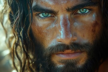 Wall Mural - enigmatic portrait of jesus with piercing green eyes beard and wavy hair intense gaze directed at viewer bathed in soft daylight ethereal aura surrounds his serene yet powerful visage