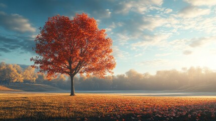 Aufkleber - A solitary tree stands out in a peaceful autumn landscape as the sun rises, casting a warm glow over the colorful leaves and fields