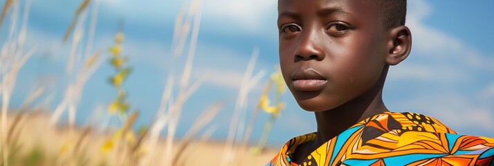 A serious boy stands outdoors in bright patterned clothing against a natural background, reflecting strength and resilience.