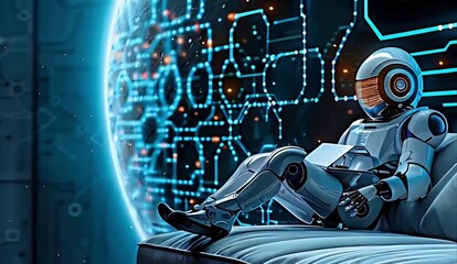A white humanoid robot with glowing blue eyes and silver arms, sitting in front of an open laptop, surrounded by digital data streams floating above it
