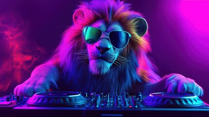 A lion DJ with colorful fur and sunglasses, illuminated by blue and purple lights, mixes music on a DJ console.