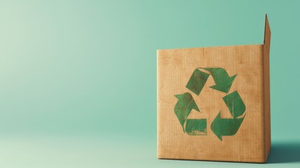 A simple, eco-friendly cardboard box against a light green background, featuring a prominent green recycling symbol, promoting sustainability.