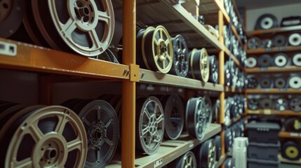 Rows of film reels are neatly arranged on shelves in a dimly lit archive room, evoking a sense of historical preservation and cinematic nostalgia.