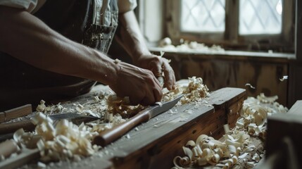 Wall Mural - A craftsman skillfully carves wood shavings in a rustic workshop, sunlight filtering through a window, highlighting the intricate details.