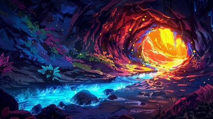 Cosmic Cave with Bright Blue and Orange Energy