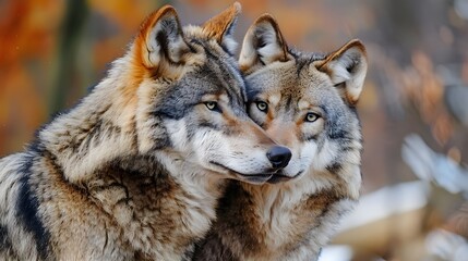  A Couple of wolves kissing each other in the snow falling in winter at a forest