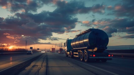 Wall Mural - A tanker truck on a highway at sunset, its lights reflecting off the wet road, providing a sense of journey and industry in motion.