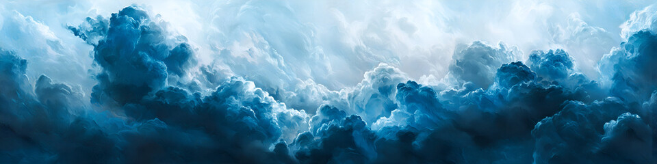 dramatic blue clouds and misty sky at sunset creating a serene atmospheric landscape