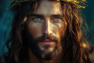 Wall Mural - ethereal portrait of jesus with golden halo compassionate eyes gazing directly at viewer soft celestial light illuminating serene face against deep blue backdrop