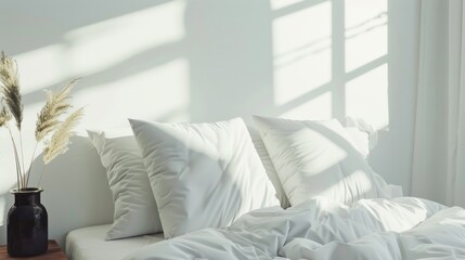 Sticker - Sunlight pours through a window, illuminating an inviting bed with soft white pillows and a crumpled duvet, evoking a sense of morning tranquility.