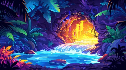 Wall Mural - A Tropical Cave Entrance with a Flowing Lava Waterfall