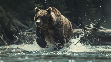 a brown bear vigorously dashes through a river, captured mid-splash, embodying the raw, dynamic powe