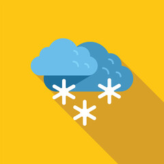 Poster - Blue cloud falling snowflakes winter season flat design icon with long shadow on yellow background