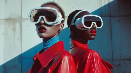 Two fashionable individuals stand back-to-back in futuristic goggles, draped in vibrant red and blue outfits against a concrete backdrop.