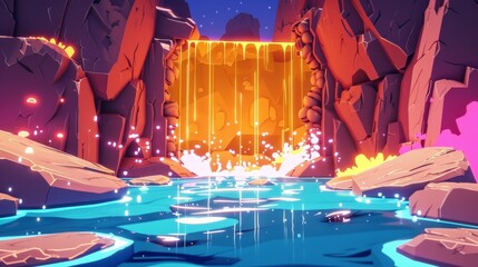 Wall Mural - A Glowing Waterfall in a Stylized Canyon Landscape