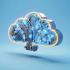 3d Cloud Computing and Data Security Concept. High-tech cloud icon with intricate circuit board patterns, secure cloud storagemanagement , data transfer, and digital connectivity, cloud solutions.