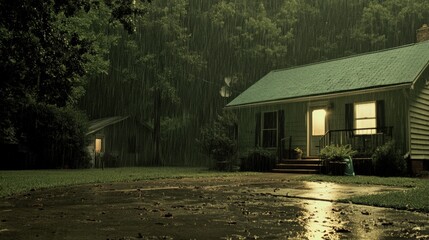 Wall Mural - A house with a green roof and porch in the rain, AI