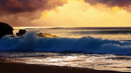 Poster - Sunset Over the Ocean With Crashing Waves and Colorful Clouds Generative AI