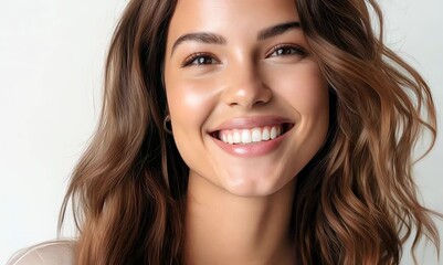 Wall Mural - Portrait of a beautiful young woman smiling and looking at camera isolated on a white background