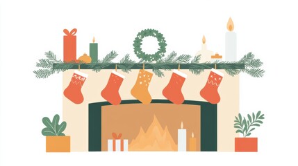 Sticker - A christmas fireplace with stockings hanging from it, AI