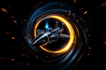 Aufkleber - futuristic spaceship flying through space-time vortex with glowing energy ring, representing advance