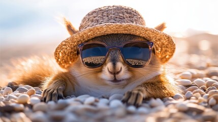 Canvas Print - A squirrel wearing sunglasses and a hat laying on the ground, AI