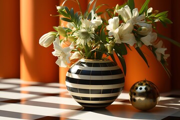 Easter egg and flowers in vase on checkered table