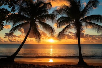 Wall Mural - Sunset in Puerto Rico. Tropical Beach with Palm Trees and Silhouetted Coconut Trees