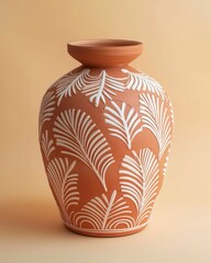 A terracotta vase with intricate white etchings, combining earthy tones and detailed designs for a unique and elegant decorative piece.