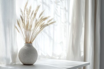 Poster - Warm Table Decor Photo. Sun-lit Scandinavian Desk with Vase and Greenery, White Curtains