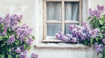 Wall Mural - A window with purple flowers and snow on the outside of it, AI