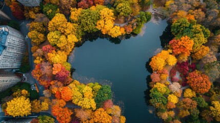 Sticker - An aerial view of a pond surrounded by colorful trees, AI