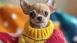 © Pic - A small tan chihuahua wearing a yellow sweater, with a red fabric background.