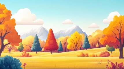 Canvas Print - A cartoon landscape with trees and mountains in the background, AI