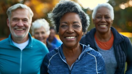 Closeup portrait of an African American fit middle age woman posing during the exercises outside.