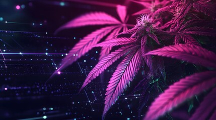 Wall Mural - Marijuana leaves on a technology background, close up top view on cannabis leaves and branches on technology background for alternative medical and marketing design concept