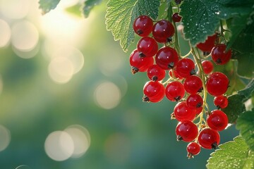 Wall Mural - Close-up of ripe red currants clustered on a bush in a lush garden, set against a rich green background. The vibrant red berries contrast beautifully with the foliage, highlighting their freshness and