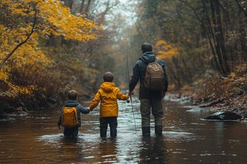 Family fishing trip in a tranquil stream surrounded by autumn foliage on a cloudy day