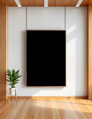 Wall Mural - Black vertical frame Mockup hanging on wall. MockBlack vertical frame Mockup hanging on wall. Mock up of a billboard in modern wooden office interior 3D rendering isolated with white highlights, png