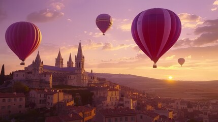 Hot Air Balloons Soaring Over a Medieval City at Sunset