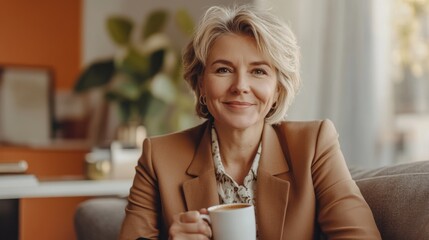 Canvas Print - A woman sitting on a couch holding up her coffee cup, AI