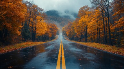 Poster - Winding along a rain-kissed road, rich autumn colors envelop the landscape as misty mountains create a serene backdrop