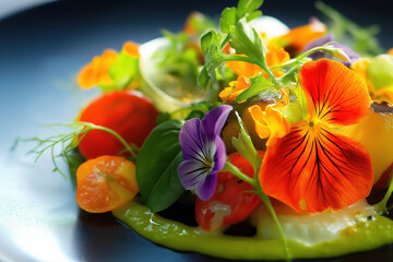 Delightful Vibrant Edible Flower Salad featuring assortment of Fresh Seasonal Vegetables. salad beautifully showcases delightful arrangement of edible flowers, fresh vegetables. World Vegetarian Day