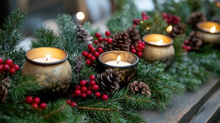 Canvas Print - A close up of a long table with candles and pine cones, AI