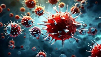 Poster - Microscopic Threat: A close-up view of a virus, its intricate structure highlighted against a vibrant blue background. This microscopic imagery underscores the unseen dangers of infectious diseases. 
