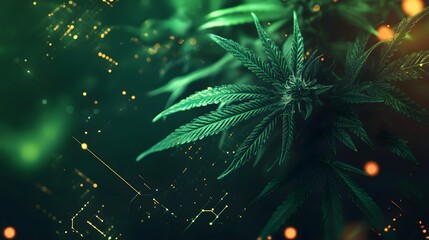 Wall Mural - Marijuana leaves on a technology background, close up top view on cannabis leaves and branches on technology background for alternative medical and marketing design concept