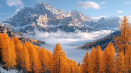 Poster - Golden larch trees stand beautifully against stunning snow-capped mountains, creating a mesmerizing autumn landscape filled with vibrant colors and serene clouds