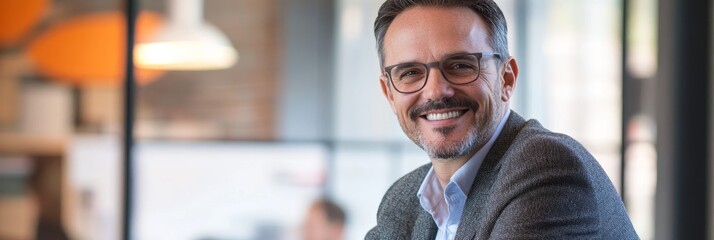 Wall Mural - Confident Businessman Smiling in Modern Office - A confident businessman in a suit and glasses smiles warmly, exuding success and professionalism. He is in a modern office setting, symbolizing ambitio