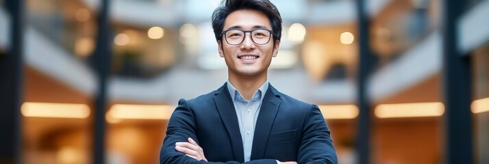 Poster - Confident Businessman Smiling in Modern Office Building - A young professional man in a suit and glasses stands with his arms crossed, smiling confidently in a modern office building. He exudes succes